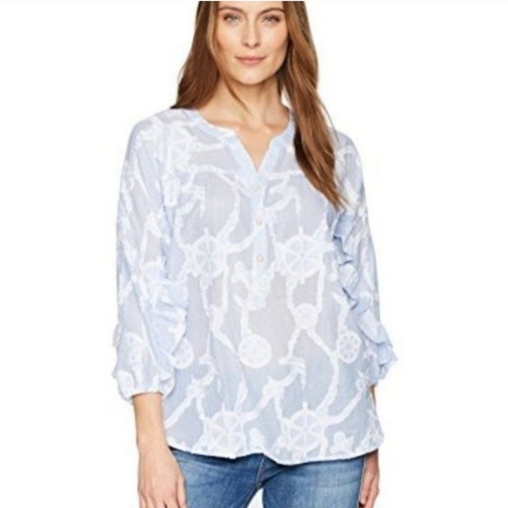 Democracy 3/4 Ruffle Sleeve Blue White Stripe Nautical Blouse Top